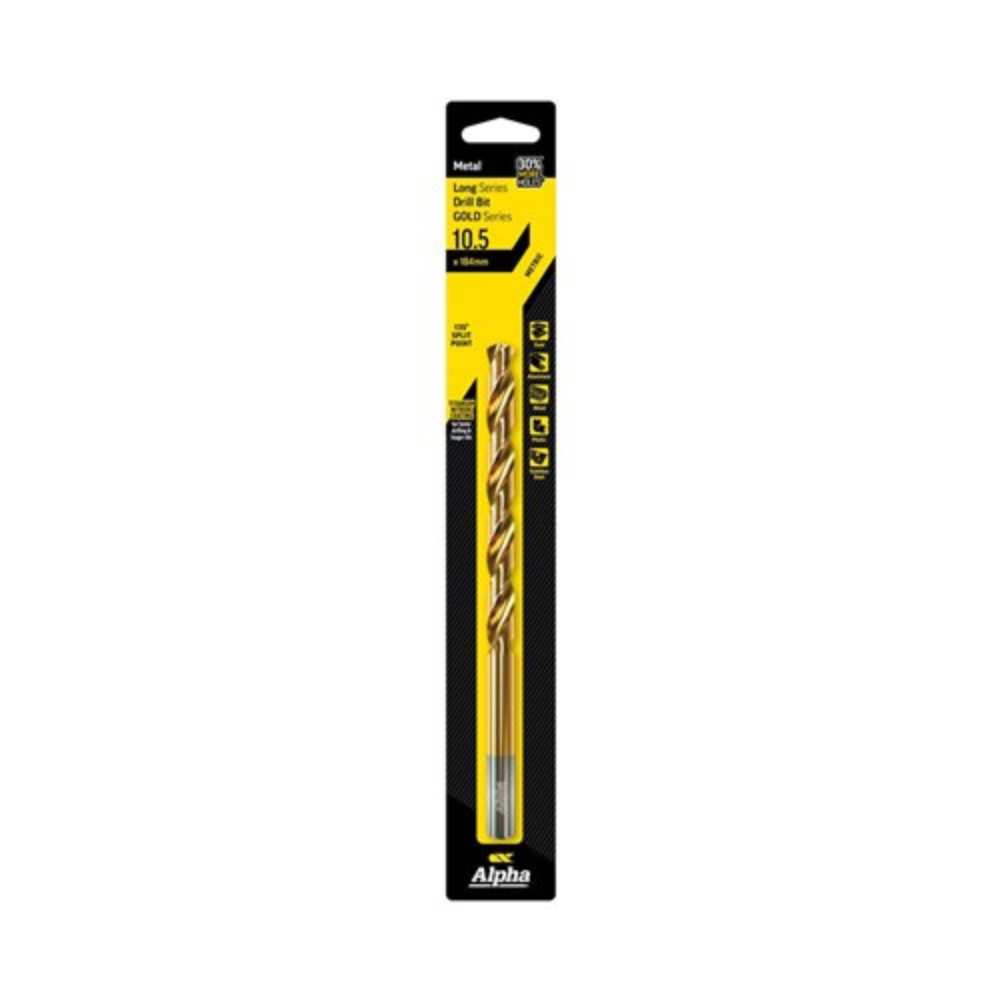 Alpha 10.5mm Long Series Drill Bit Carded - Gold Series (OAL 184mm)