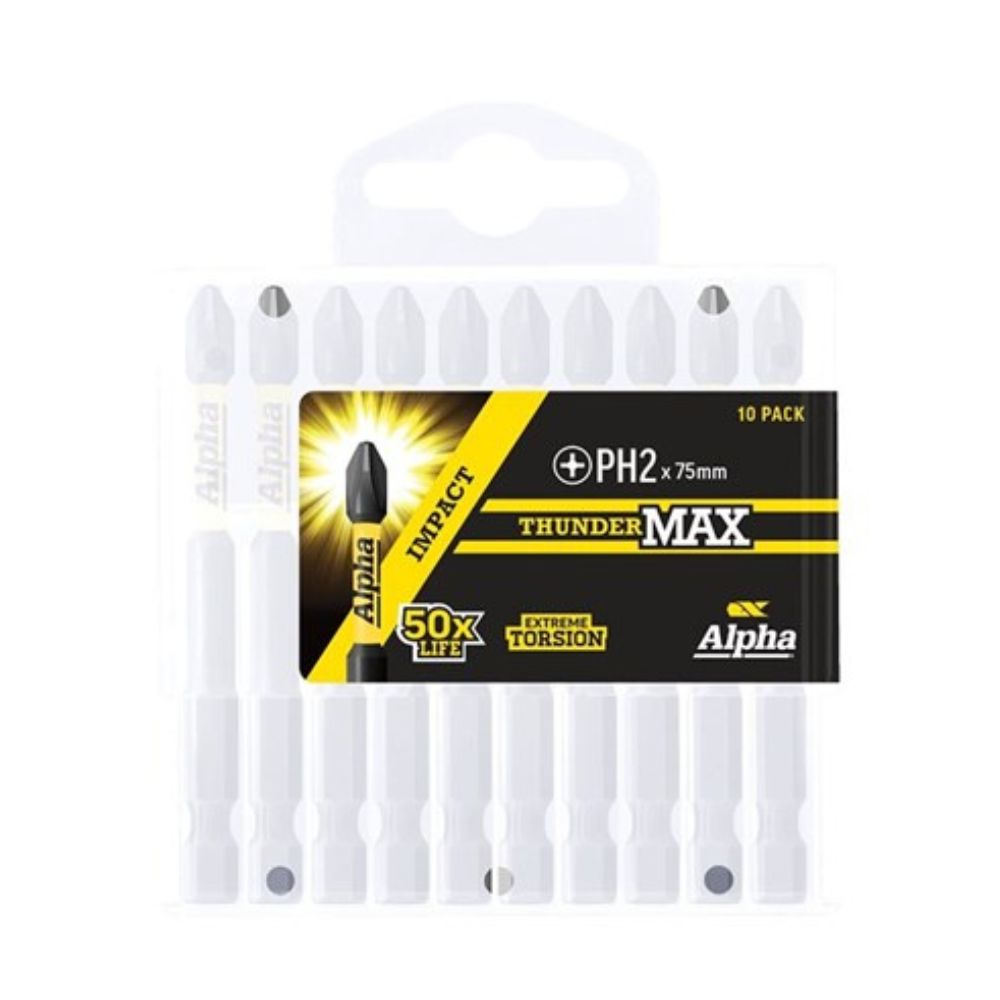 Alpha ThunderMax PH2 x 75mm Impact Power Bit- Handipack (x10)